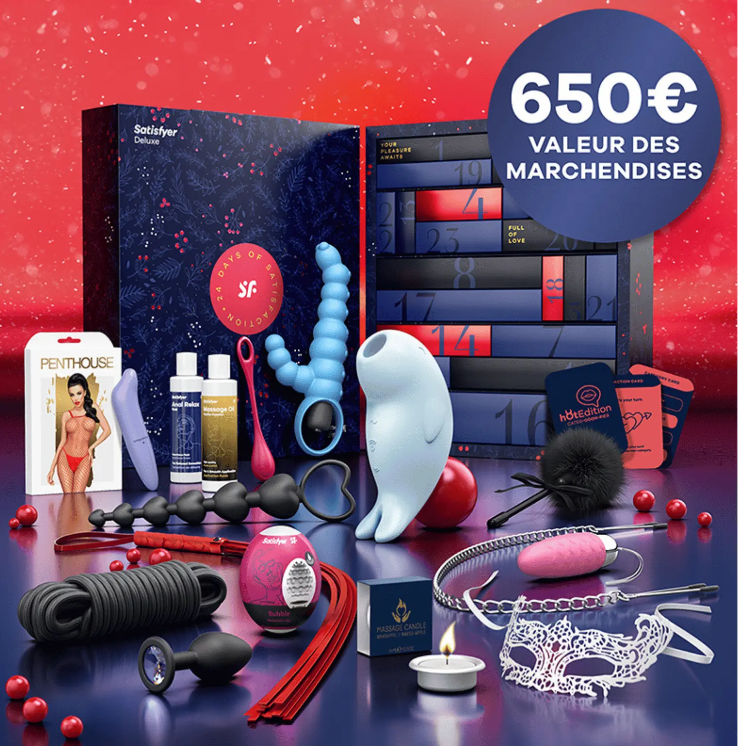 Le Calendrier de l'Avent Satisfyer Deluxe 2024, disponible chez Oh My God'Z, contient une sélection exclusive de sextoys, accessoires et produits de bien-être érotique, d'une valeur totale de 650€.