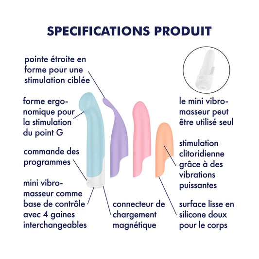 Découvrez les caractéristiques du coffret Playful Four de Satisfyer, vendu chez Oh My God'Z : un mini vibromasseur avec embouts interchangeables pour la stimulation clitoridienne et du point G, rechargeable via un connecteur magnétique. Un sextoy premium pour une expérience personnalisée.