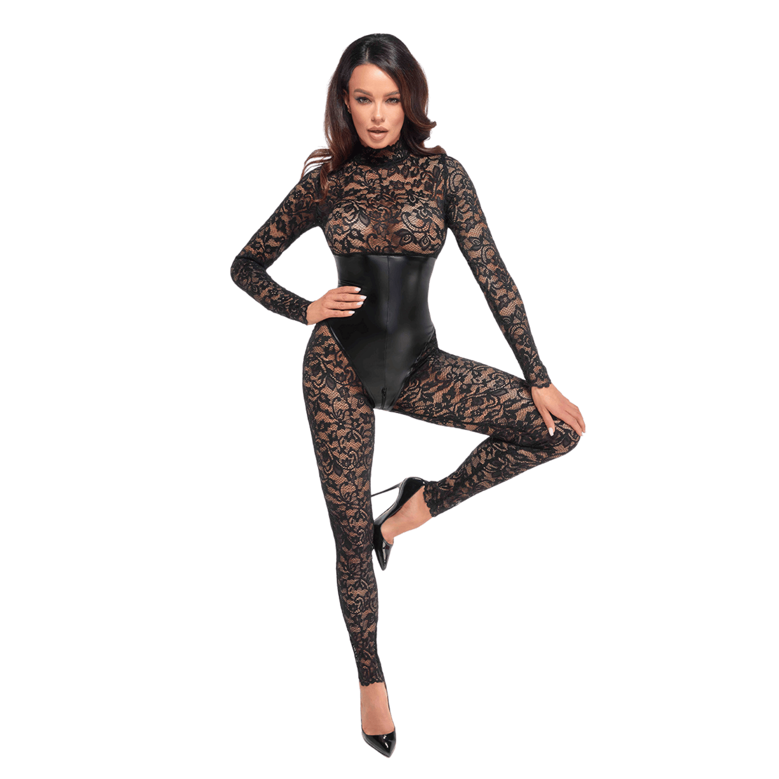 Combinaison sexy Enigma F299 dentelle noire et wetlook - Oh My God'Z