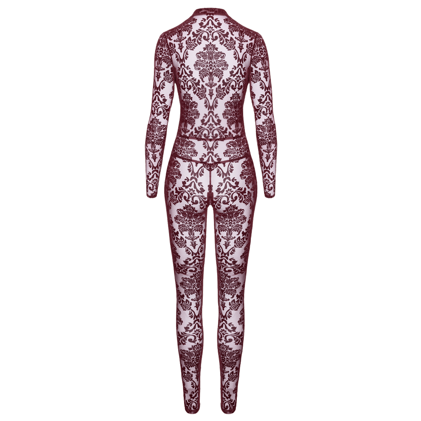 Combinaison sensuelle en tulle bordeaux à motif baroque – Noir Handmade