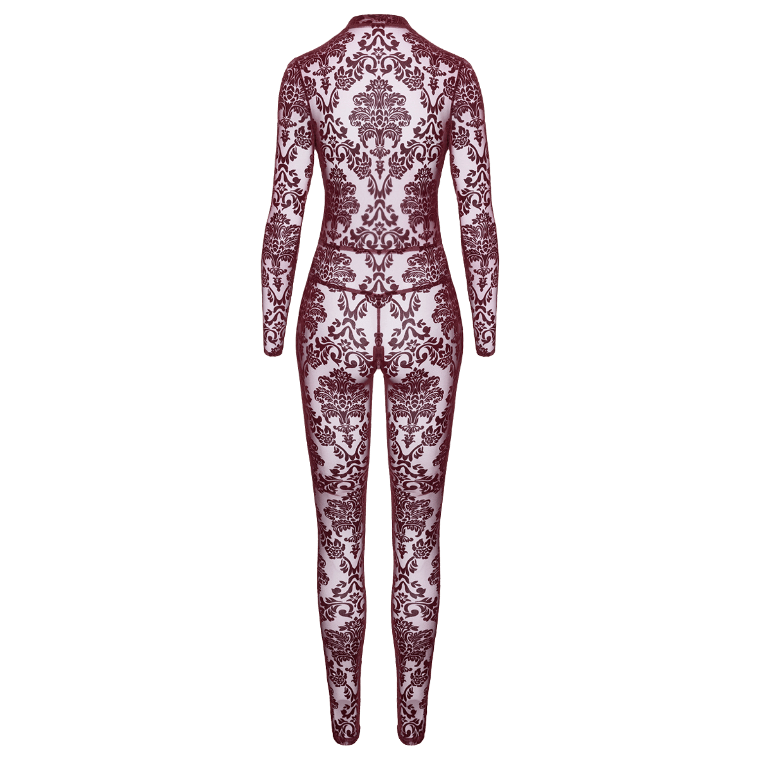 Combinaison sensuelle en tulle bordeaux à motif baroque – Noir Handmade