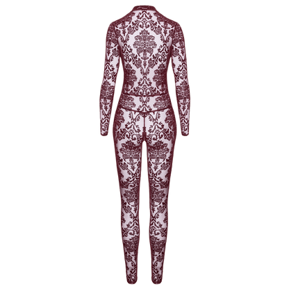 Combinaison sensuelle en tulle bordeaux à motif baroque – Noir Handmade