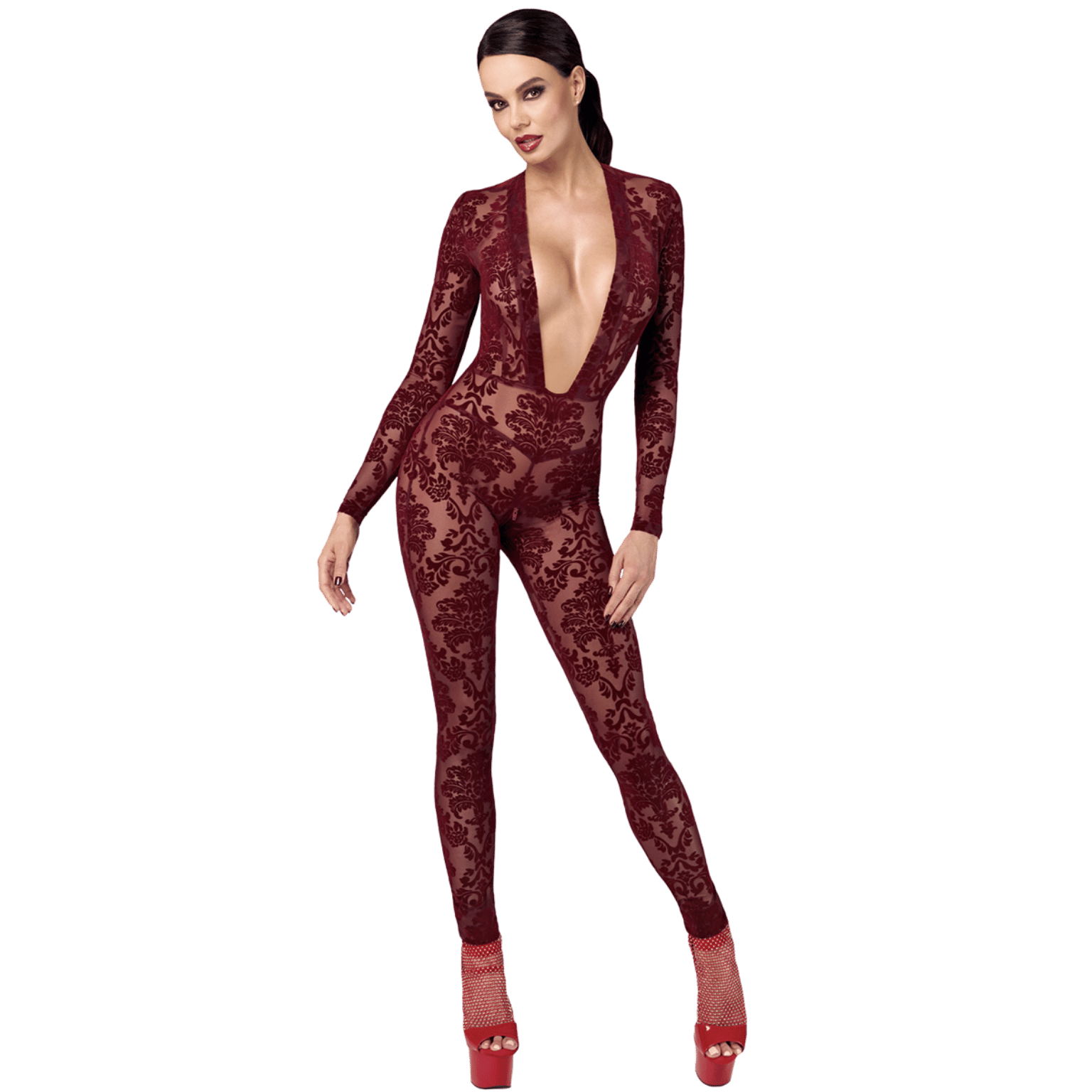 Combinaison moulante bordeaux en tulle floqué Kink Royal F382 – Noir Handmade