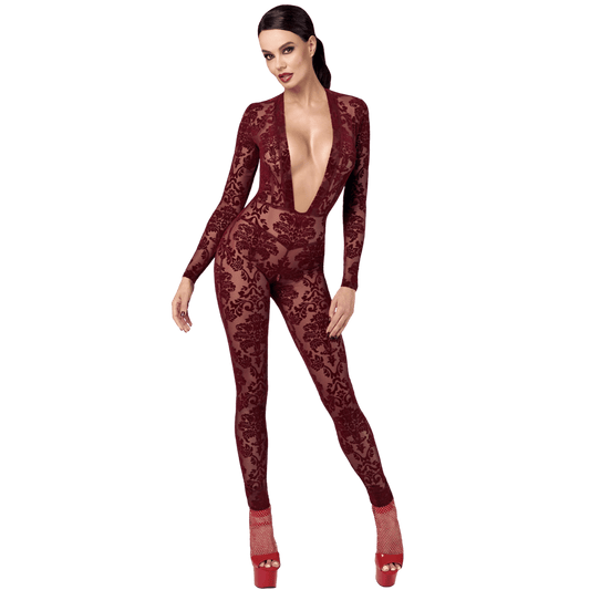 Combinaison moulante bordeaux en tulle floqué Kink Royal F382 – Noir Handmade