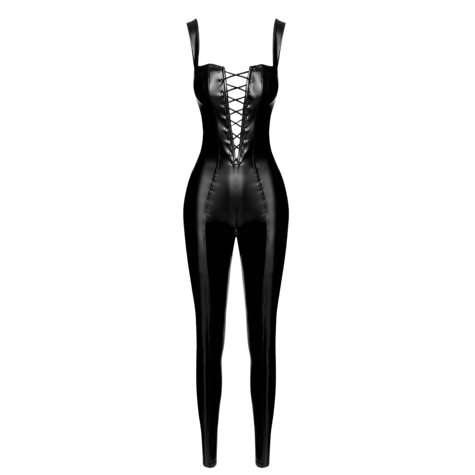 Combinaison sexy effet cuir brillant à bretelles larges et zip arrière – Oh My God’Z