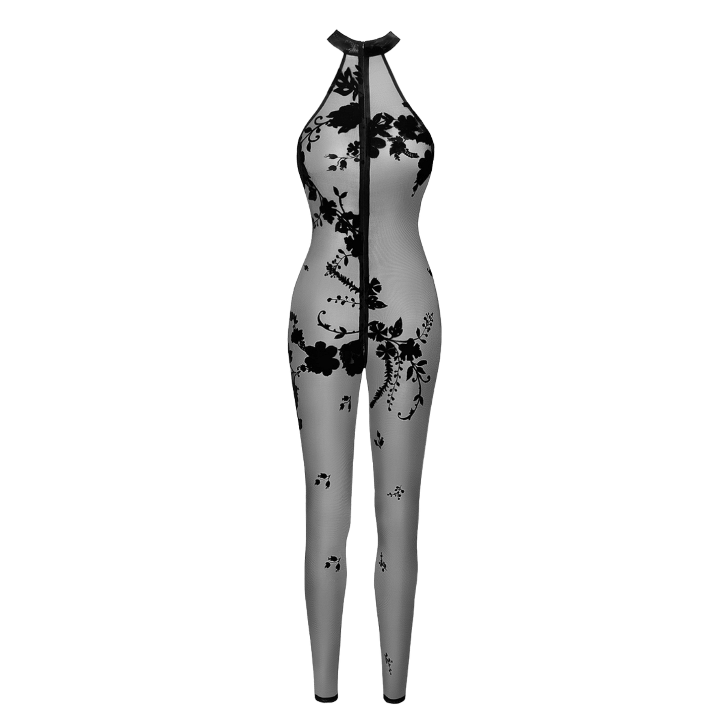 Combinaison sexy sans manches en tulle transparent et fleurs en velours – Noir Handmade