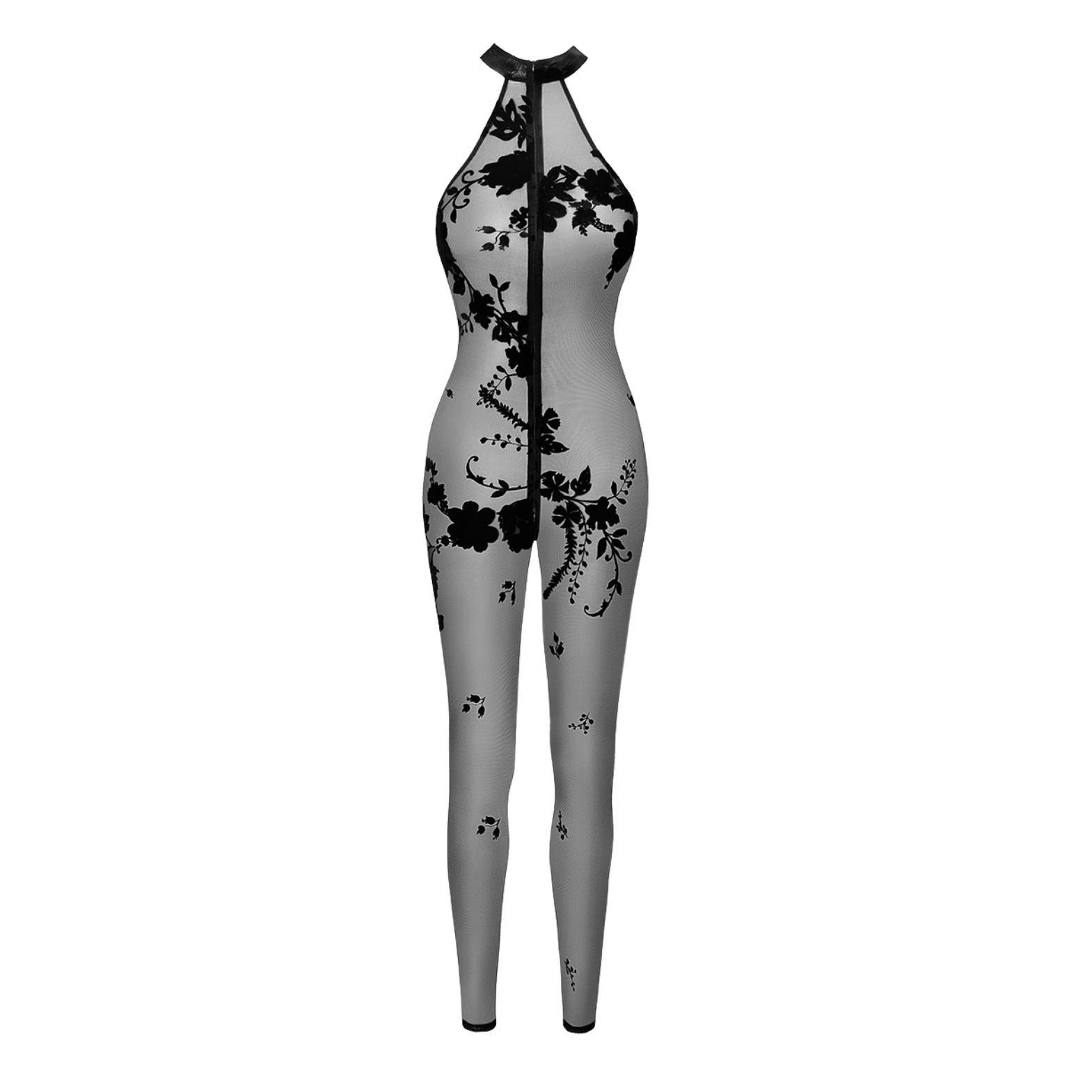 Combinaison sexy sans manches en tulle transparent et fleurs en velours – Noir Handmade