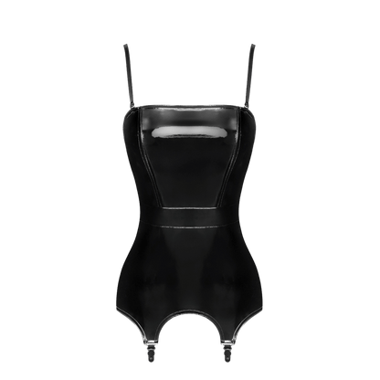Corset porte-jarretelles en vinyle noir brillant Dominae F381 – Noir Handmade