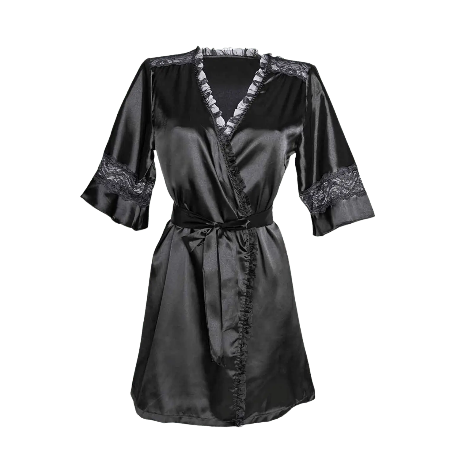Kimono Sensuality Christine noir, coupe courte satinée – lingerie chic Oh My God’Z