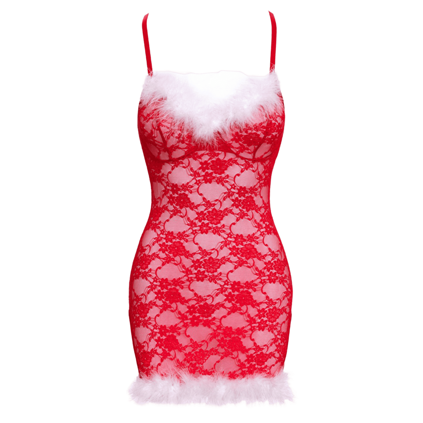 Nuisette de Noël rouge transparente bordée de plumes blanches – Oh My God’Z