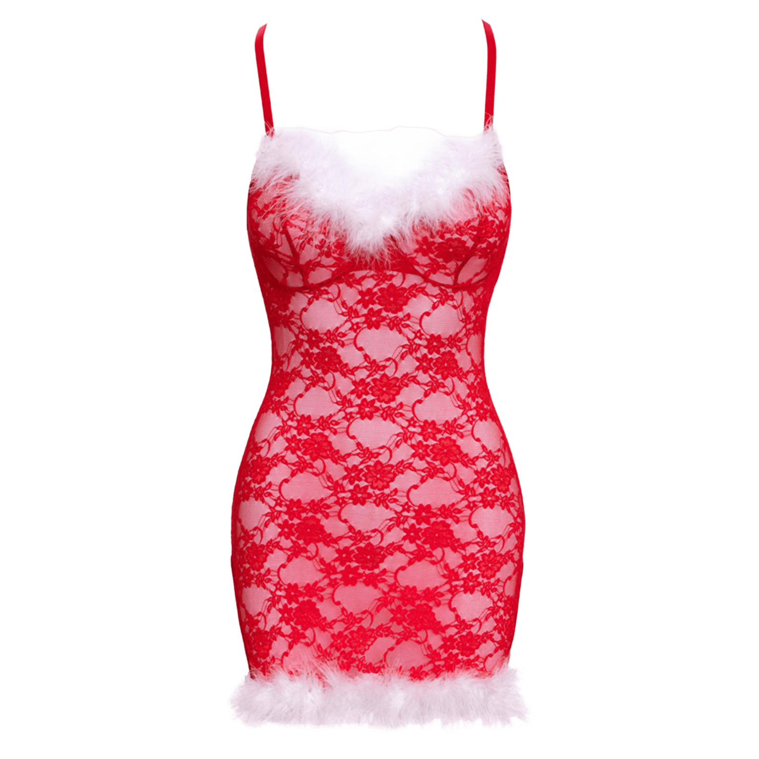Nuisette de Noël rouge transparente bordée de plumes blanches – Oh My God’Z