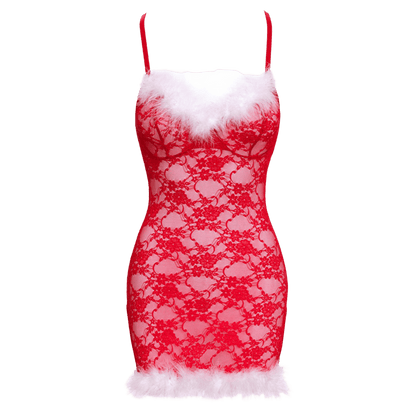 Nuisette de Noël rouge transparente bordée de plumes blanches – Oh My God’Z