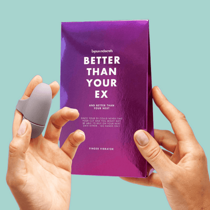 Découvrez le sextoy de luxe Better Than Your Ex, un vibromasseur pour doigt haut de gamme disponible chez Oh My God'Z, conçu pour une expérience sensuelle supérieure, avec une texture douce en silicone gris et emballage violet vibrant.
