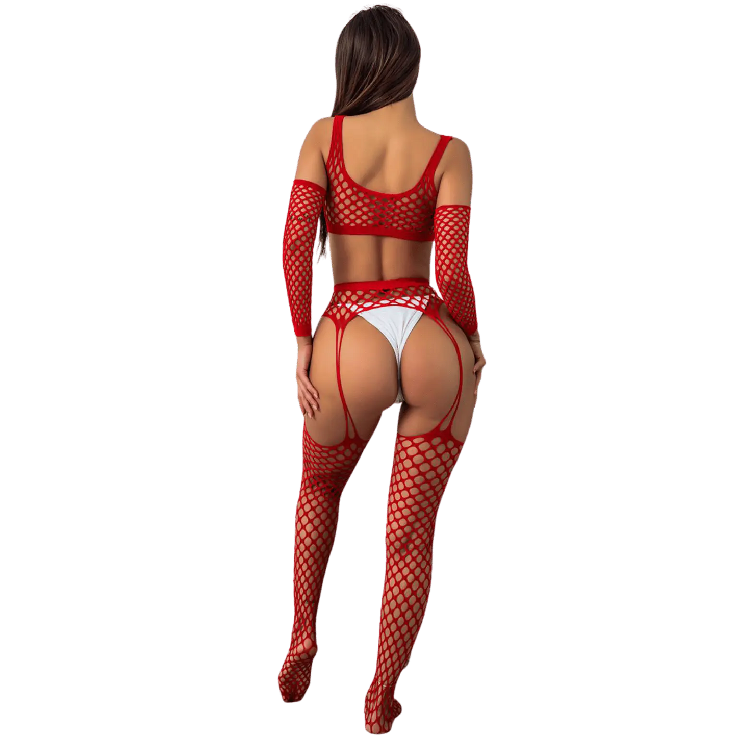 Ensemble lingerie 3 pièces rouge en résille large J Lingerie, silhouette féminine – Oh My God’Z