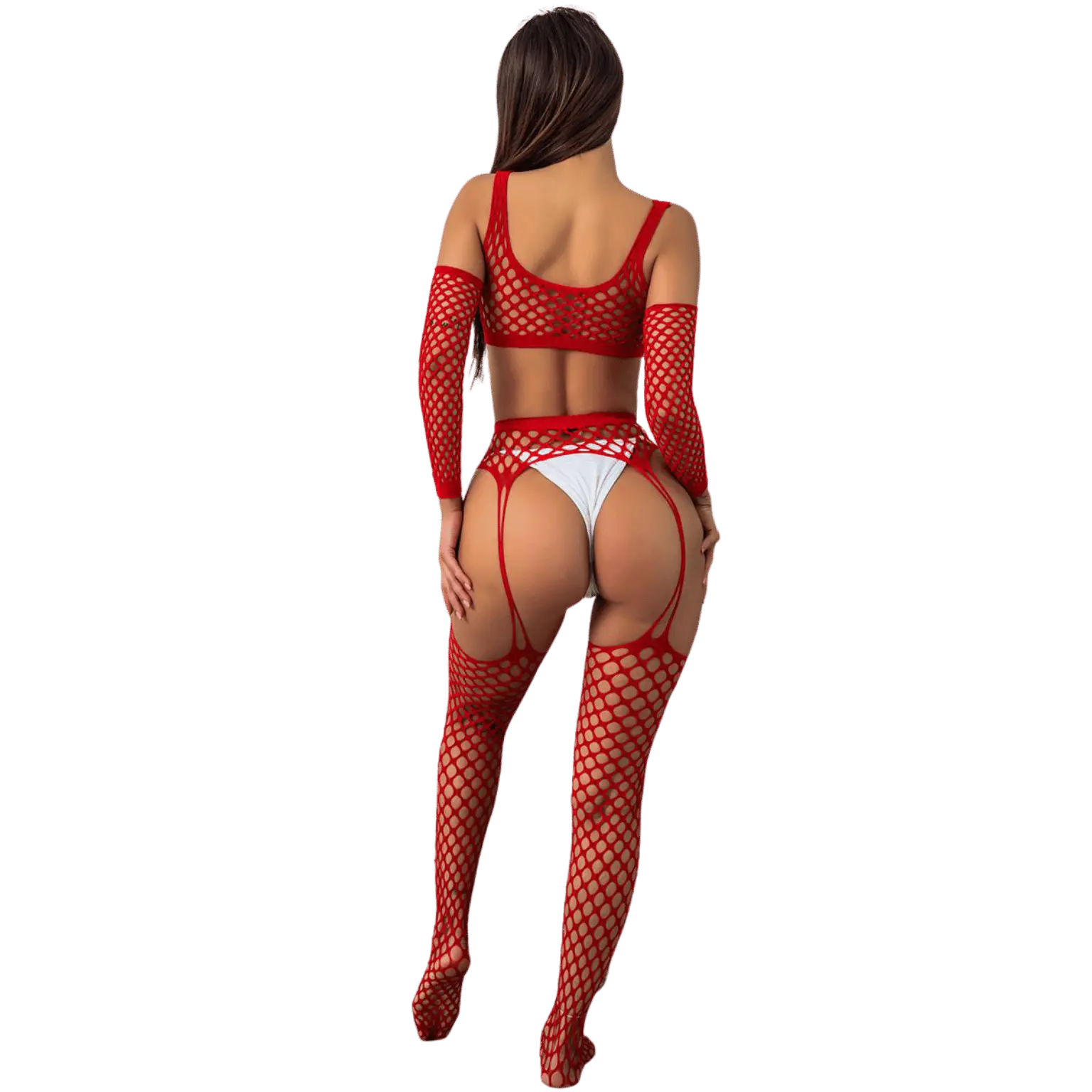 Ensemble lingerie 3 pièces rouge en résille large J Lingerie, silhouette féminine – Oh My God’Z