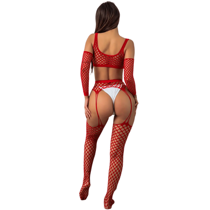Ensemble lingerie 3 pièces rouge en résille large J Lingerie, silhouette féminine – Oh My God’Z