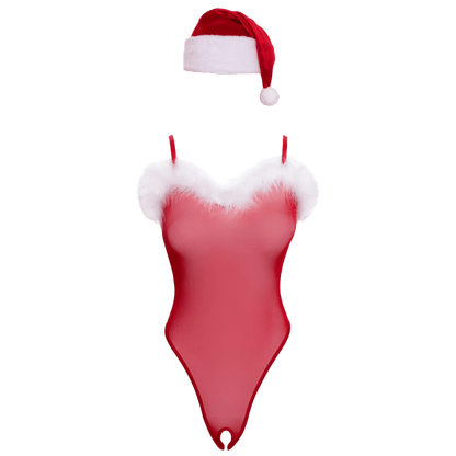 Body sexy de Noël rouge en tulle transparent et plumes blanches – Oh My God’Z
