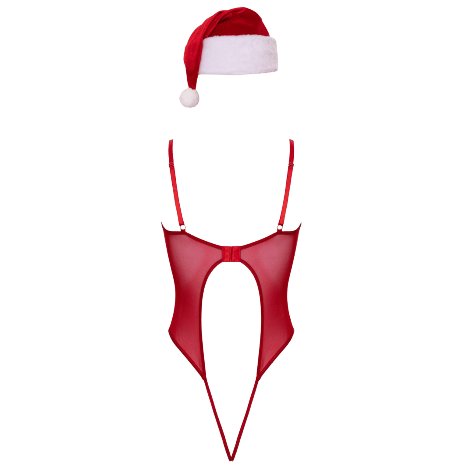 Vue dos du body rouge ouvert avec bonnet de Noël en velours – Oh My God’Z