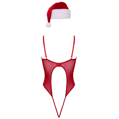 Vue dos du body rouge ouvert avec bonnet de Noël en velours – Oh My God’Z