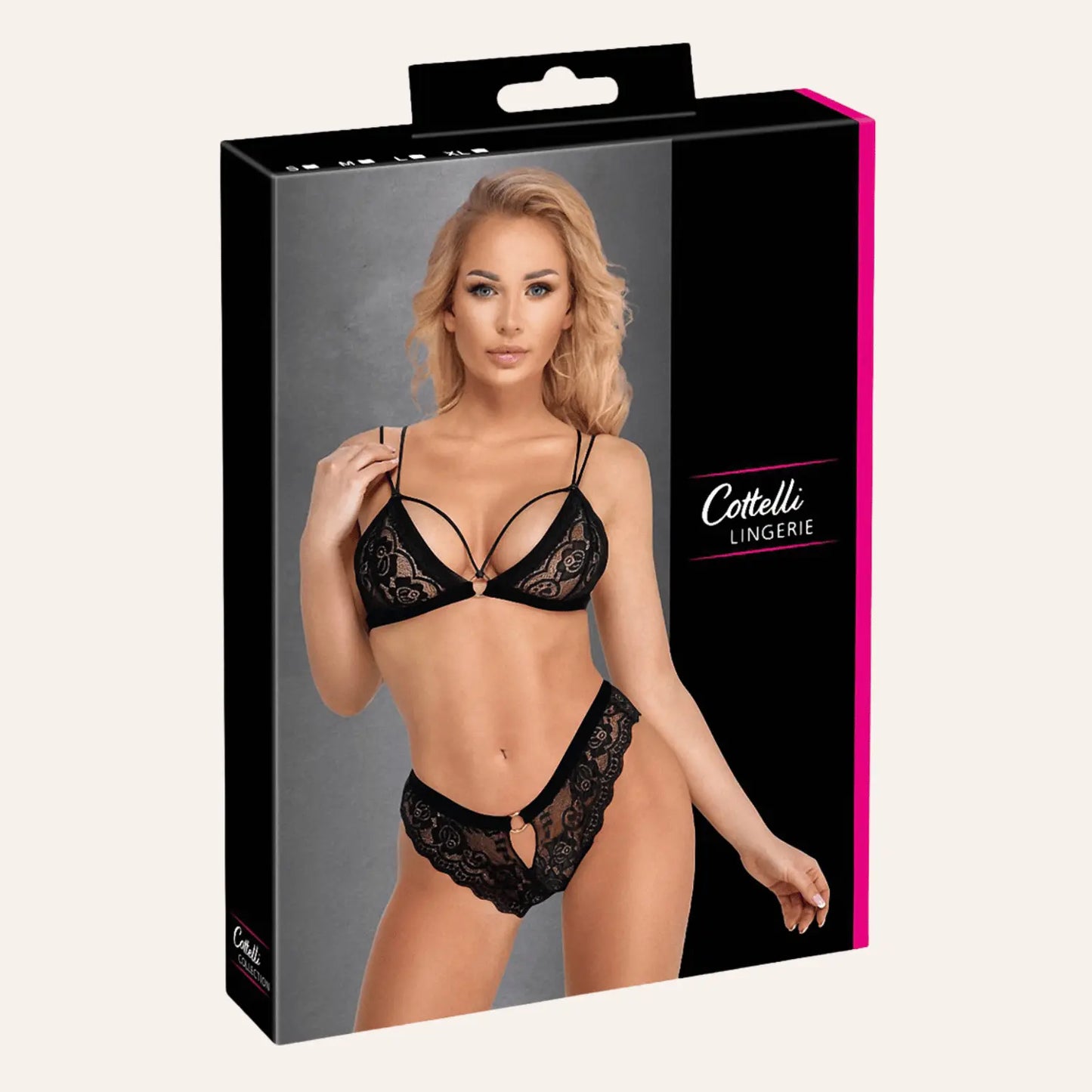 Ensemble coquin noir 2 pièces de Cottelli Lingerie, disponible chez Oh My God'Z. Ce set de lingerie sensuelle allie dentelle délicate et design séduisant pour un look glamour et irrésistible.