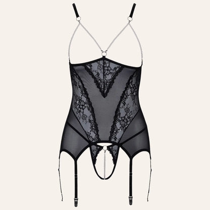 Vue de face de la guêpière seins nus et du string ouvert Cottelli Lingerie. Lingerie en dentelle noire et résille, ornée de perles pour un style élégant, disponible chez Oh My God'Z.