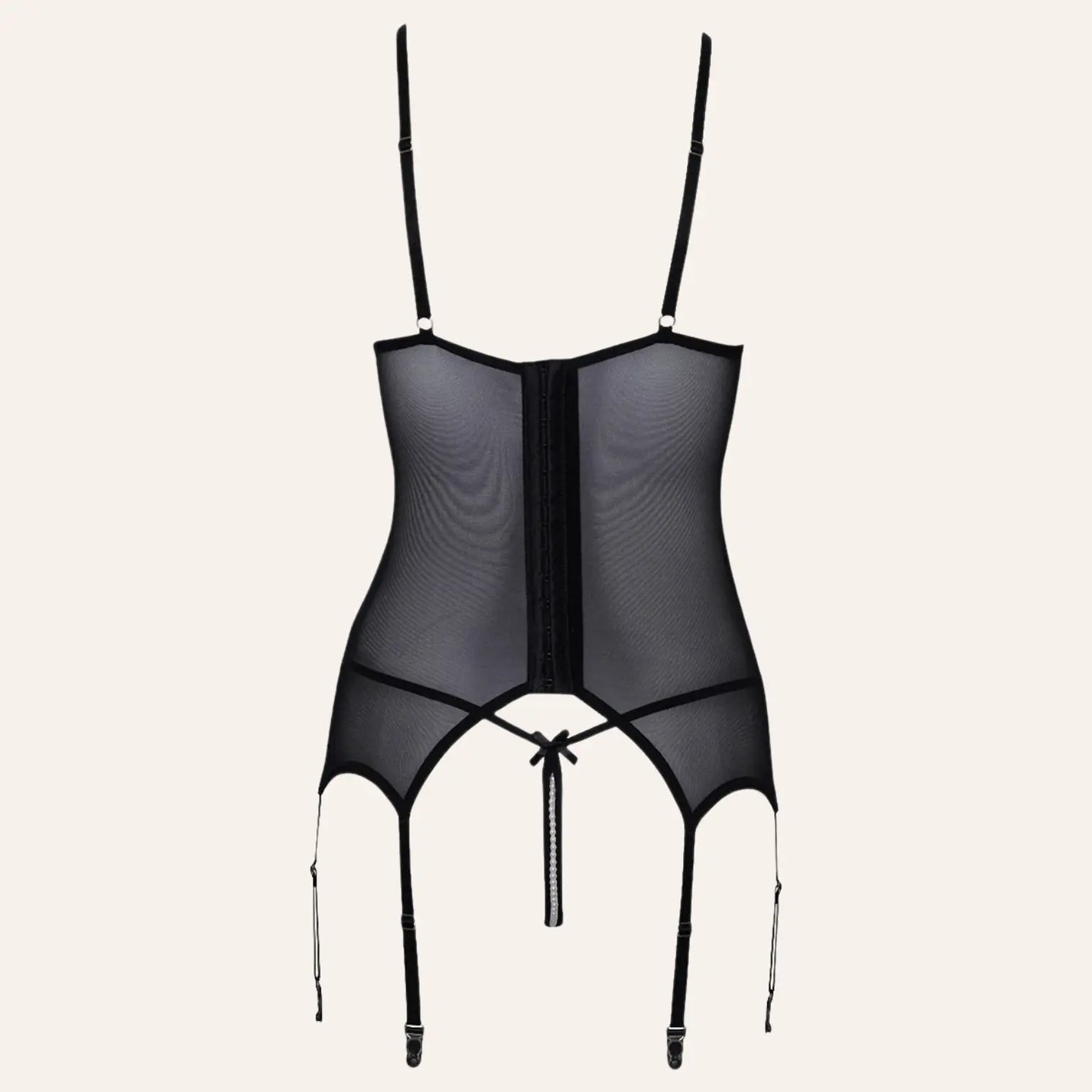 Vue arrière de la guêpière noire en résille et string ouvert par Cottelli Lingerie. Lingerie érotique avec bretelles ajustables et détails de perles, en vente chez Oh My God'Z.