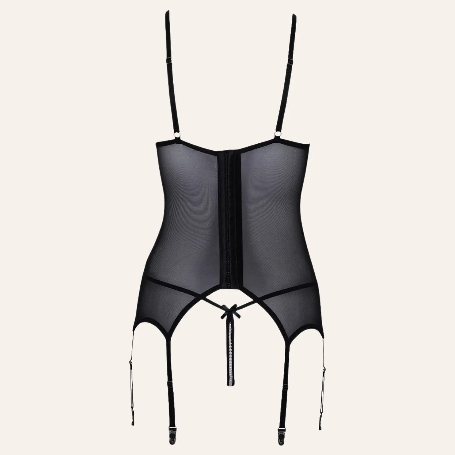 Vue arrière de la guêpière noire en résille et string ouvert par Cottelli Lingerie. Lingerie érotique avec bretelles ajustables et détails de perles, en vente chez Oh My God'Z.