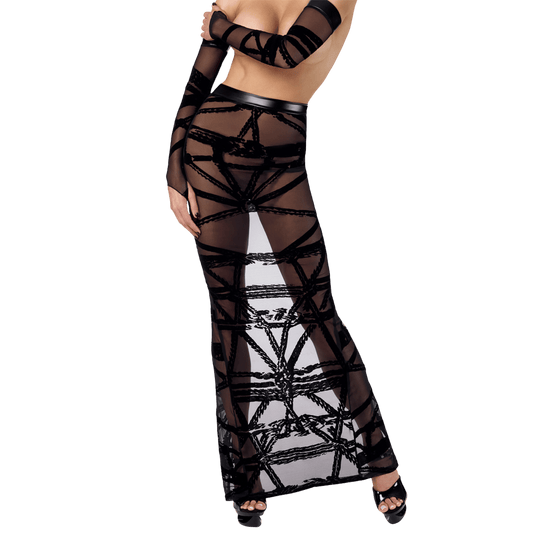 Jupe longue Bondesque F360 en tulle noir transparent à motifs floqués – Noir Handmade