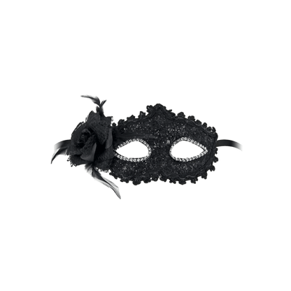 Loup noir semi-rigide Bella Figura avec dentelle et fleur décorative – Maskarade