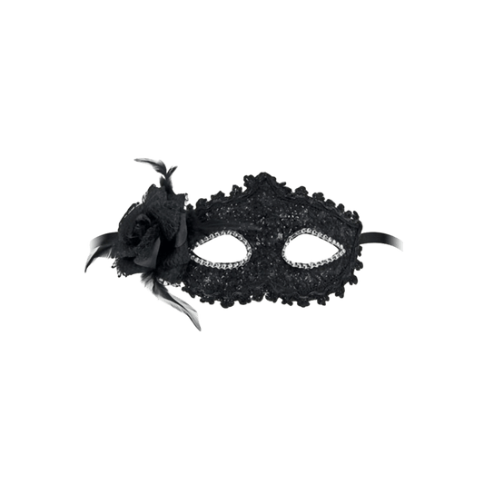 Loup noir semi-rigide Bella Figura avec dentelle et fleur décorative – Maskarade