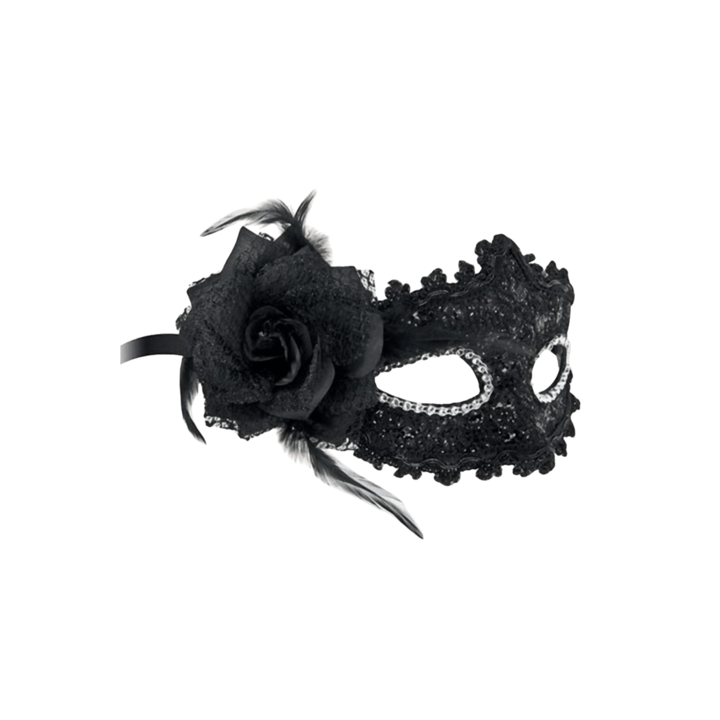 Masque vénitien noir orné d’une rose et de plumes argentées – Oh My God’Z