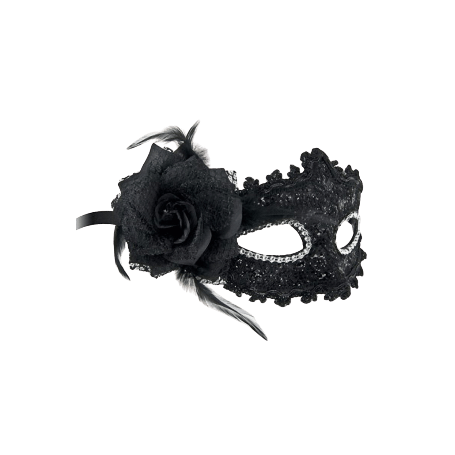 Masque vénitien noir orné d’une rose et de plumes argentées – Oh My God’Z