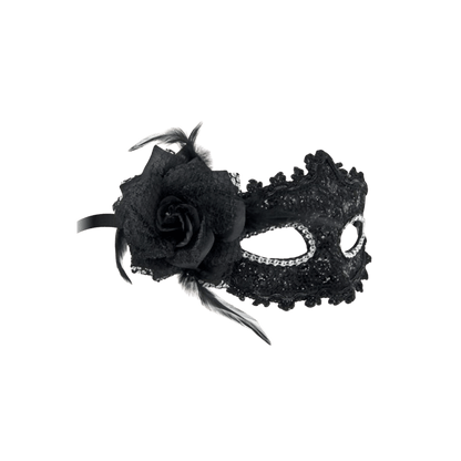 Masque vénitien noir orné d’une rose et de plumes argentées – Oh My God’Z