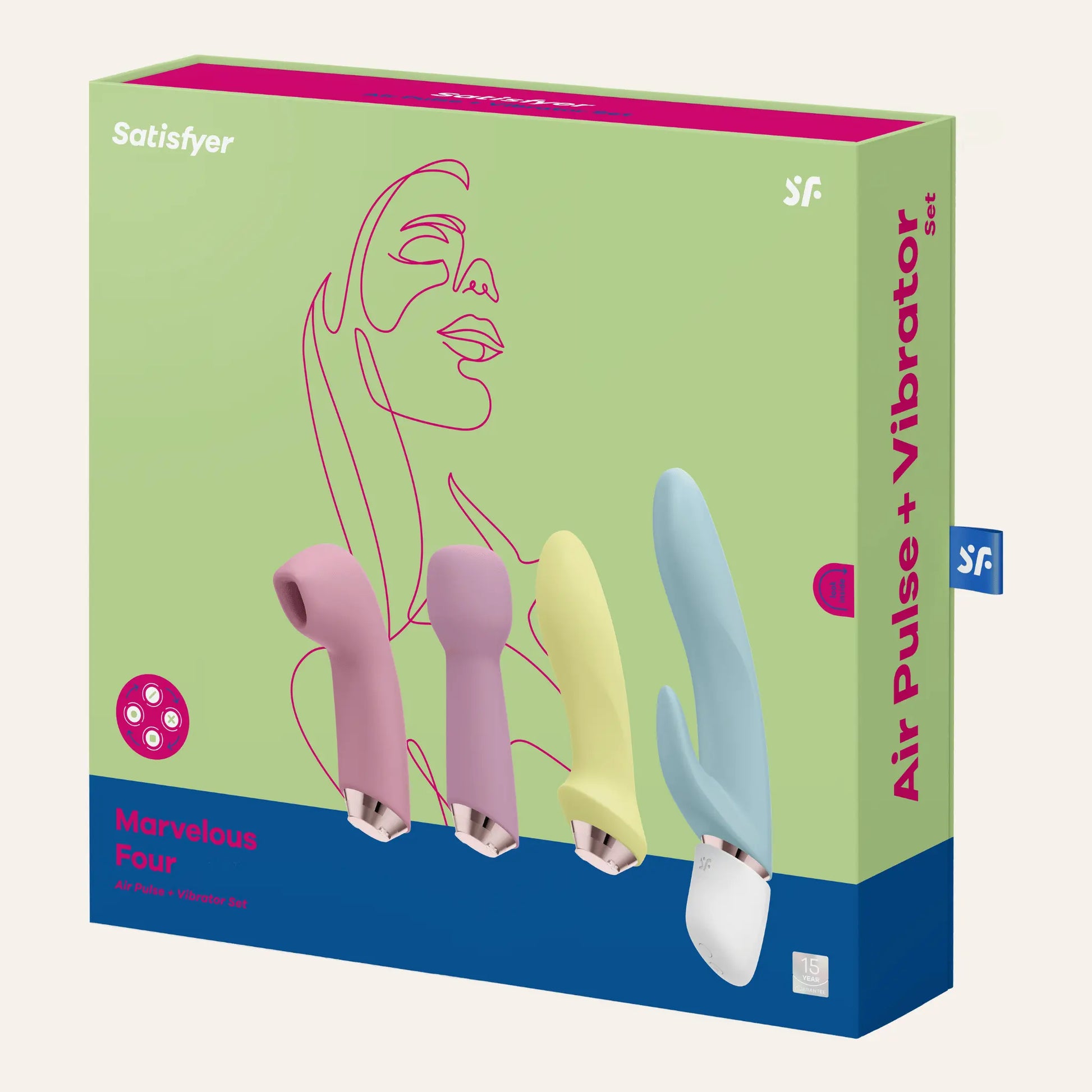 Emballage innovant du Marvelous Four de Satisfyer avec aperçu des sextoys vibrants, en vente chez Oh My God'Z pour des moments intimes exclusifs.