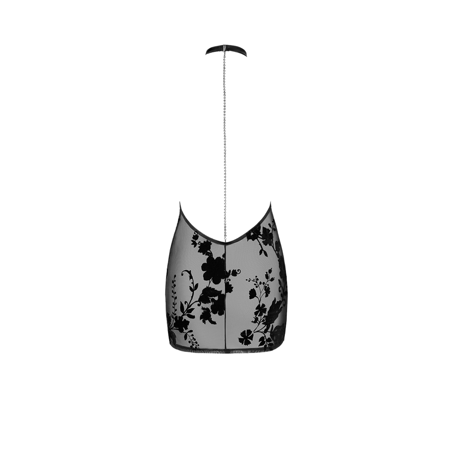 Mini robe dos nu en tulle transparent noir à motifs floraux veloutés – Noir Handmade