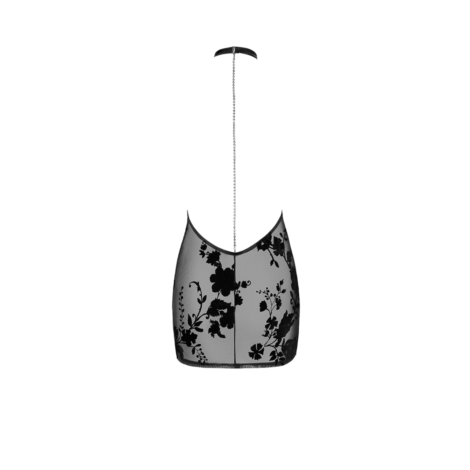 Mini robe dos nu en tulle transparent noir à motifs floraux veloutés – Noir Handmade