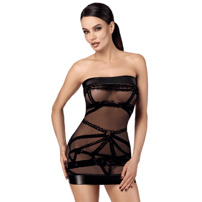 Mini robe Bondesque F359 en tulle noir transparent à motifs floqués – Noir Handmade