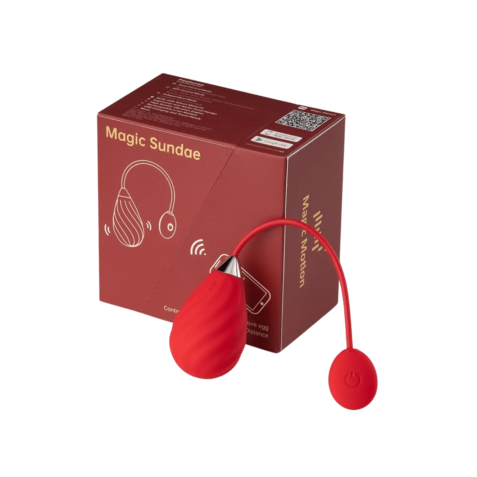 Œuf vibrant Magic Sundae de Magic Motion en rouge, avec sa boîte élégante. En vente chez Oh My God'Z, cet accessoire intime est parfait pour une utilisation en couple ou en solo avec un contrôle à distance via smartphone.