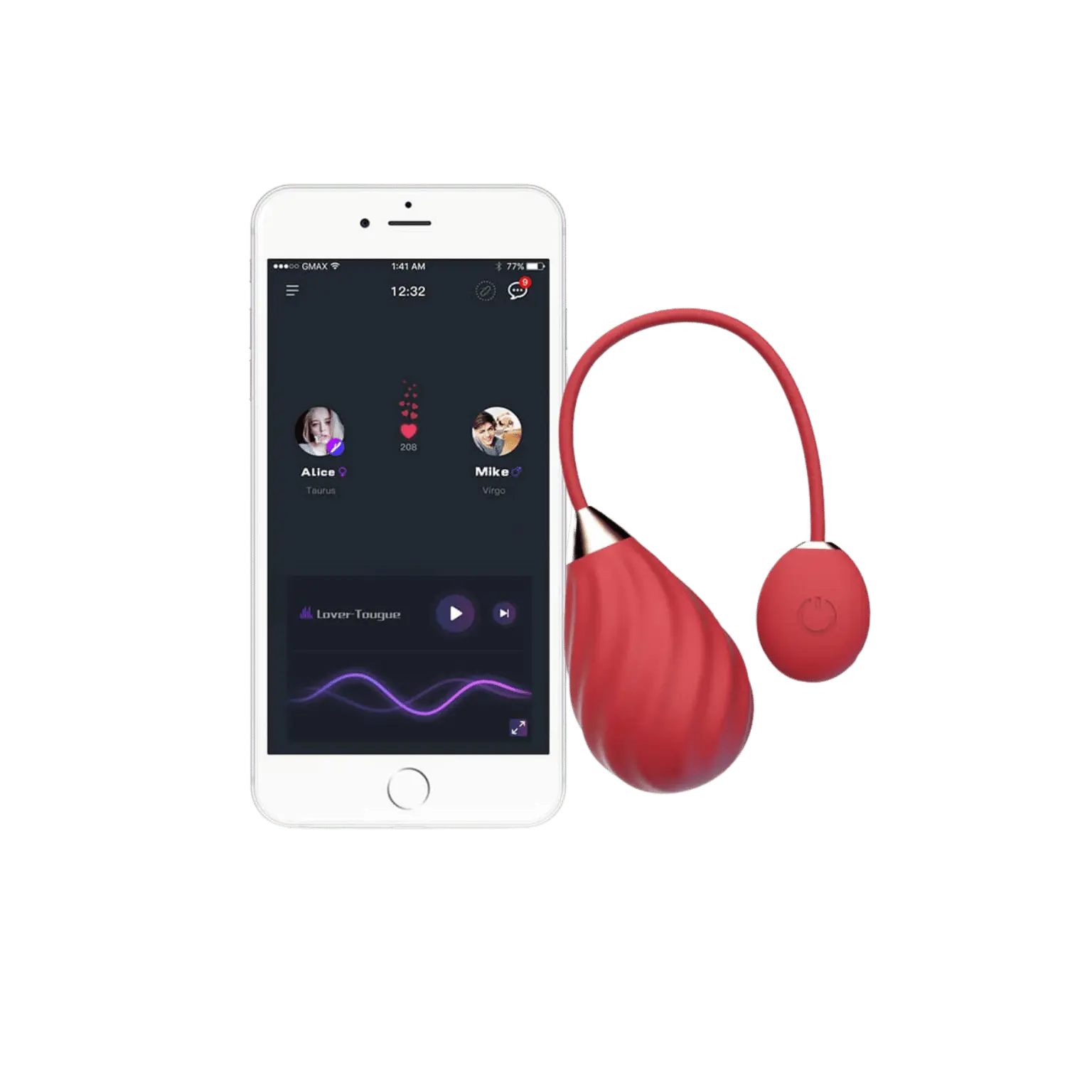 Œuf vibrant connecté Magic Sundae avec l'application mobile affichée sur un smartphone. Contrôle des vibrations à distance, idéal pour des moments intimes même à longue distance, disponible chez Oh My God'Z.