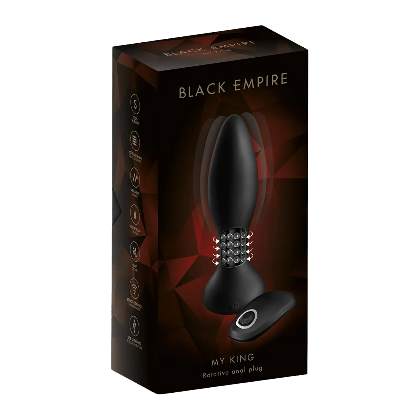 Boîte du Plug anal à billes rotatives Black Empire. Sextoy de luxe pour une stimulation anale intense. Achat sur la boutique en ligne Oh My God'Z.