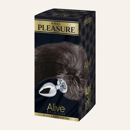 Emballage du plug anal queue de renard noir et blanc Alive BDSM Line, mettant en avant un design élégant et des matériaux premium, proposé par la boutique Oh My God'Z.