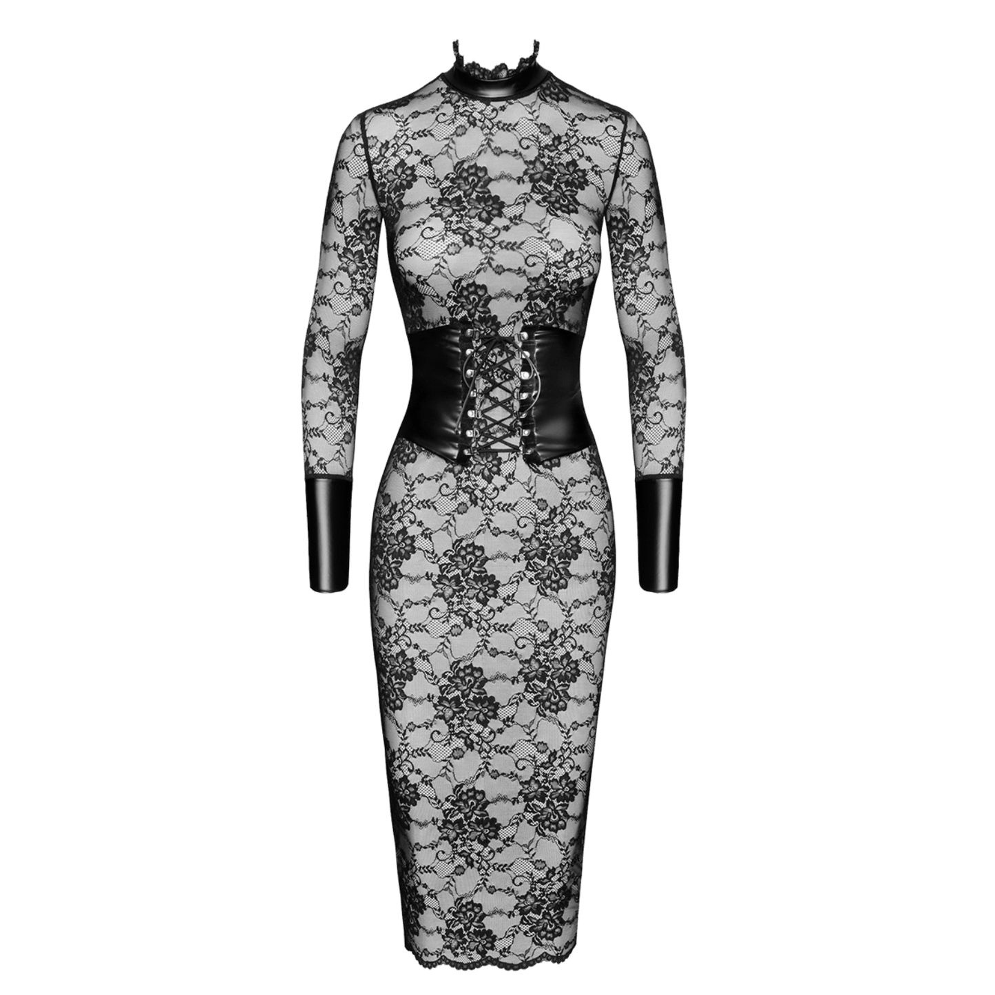 Détails du corset ajustable en simili cuir noir sur robe dentelle F375 – Noir Handmade