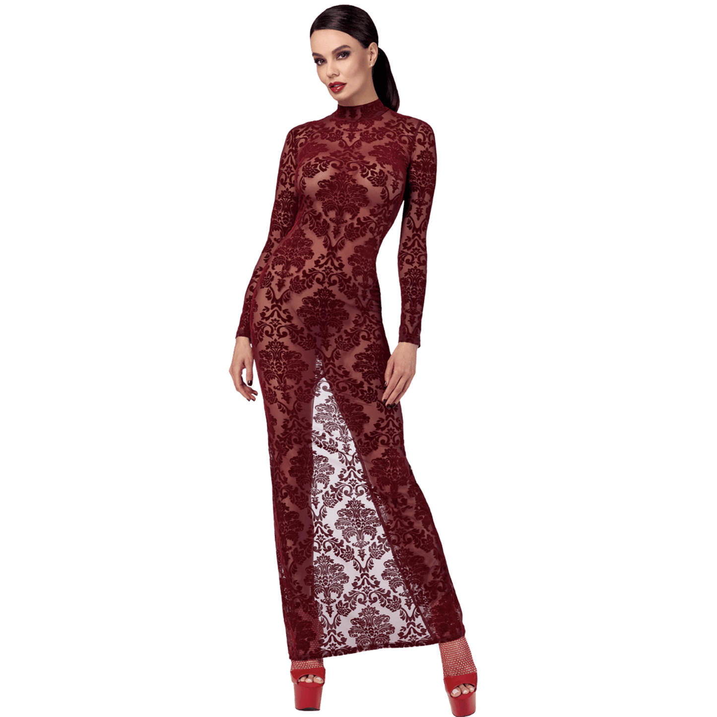 Robe longue fendue bordeaux en tulle floqué Kink Royal F383 Noir Handmade – Oh My God’Z