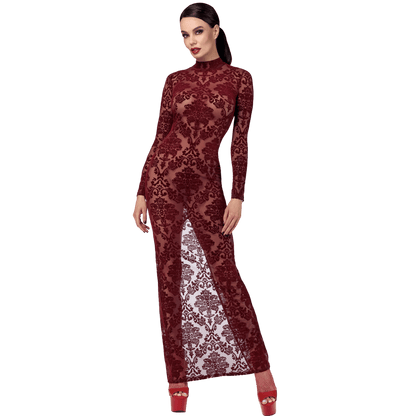 Robe longue fendue bordeaux en tulle floqué Kink Royal F383 Noir Handmade – Oh My God’Z