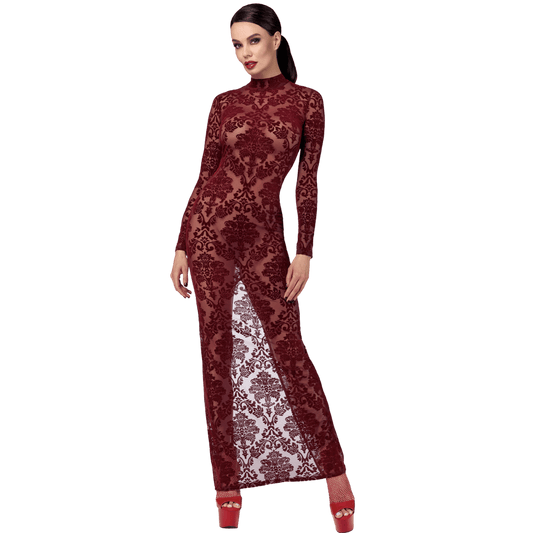 Robe longue fendue bordeaux en tulle floqué Kink Royal F383 Noir Handmade – Oh My God’Z