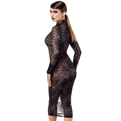 Robe midi élégante en dentelle florale noire avec col vinyle – Oh My God’Z