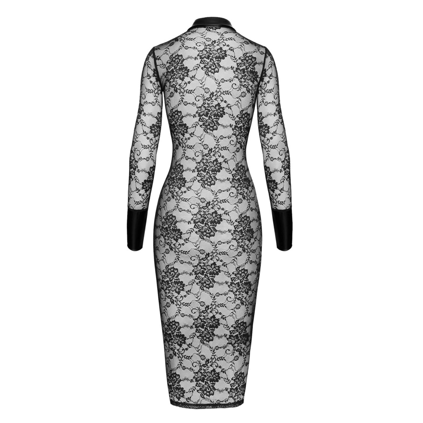 Robe moulante en dentelle noire avec détails vinyle – Oh My God’Z