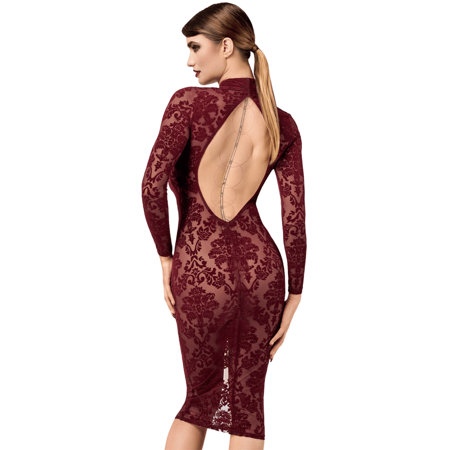 Robe sensuelle en tulle floqué rouge foncé Noir Handmade – Oh My God’Z