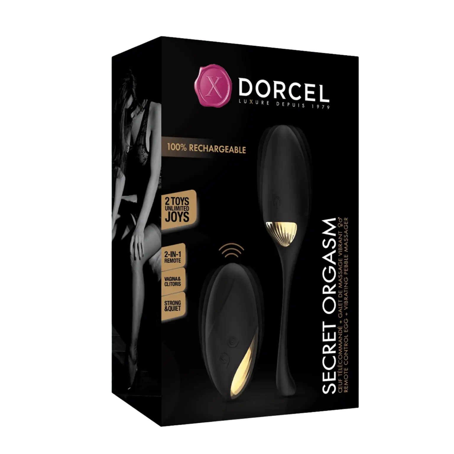 Boîte du sextoy 2 en 1 Secret Orgasm de Dorcel, en vente chez Oh My God'Z. Ce sextoy élégant, rechargeable et discret, offre des vibrations puissantes, et est conçu pour une stimulation simultanée du vagin et du clitoris.