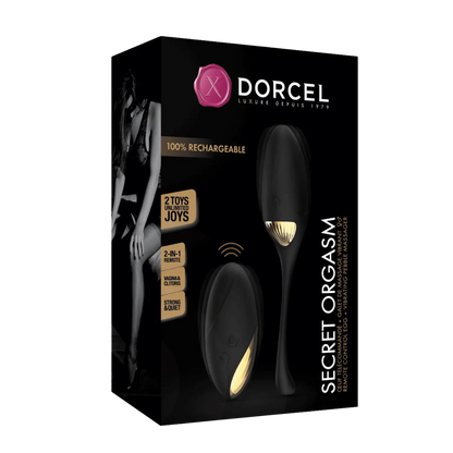 Boîte du sextoy 2 en 1 Secret Orgasm de Dorcel, en vente chez Oh My God'Z. Ce sextoy élégant, rechargeable et discret, offre des vibrations puissantes, et est conçu pour une stimulation simultanée du vagin et du clitoris.